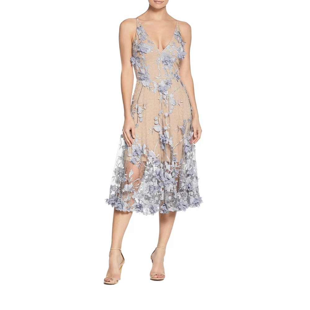 Dress the Population Audrey Dress Floral Lace Overlay Mineral Blue Size S NWT
